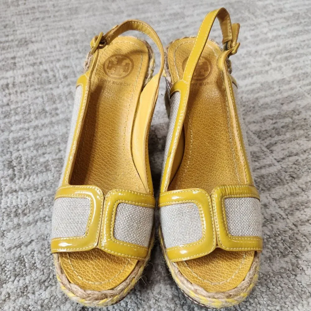 Tory Burch espadrille wedge platform slingback peep-toe sandals yellow size 7